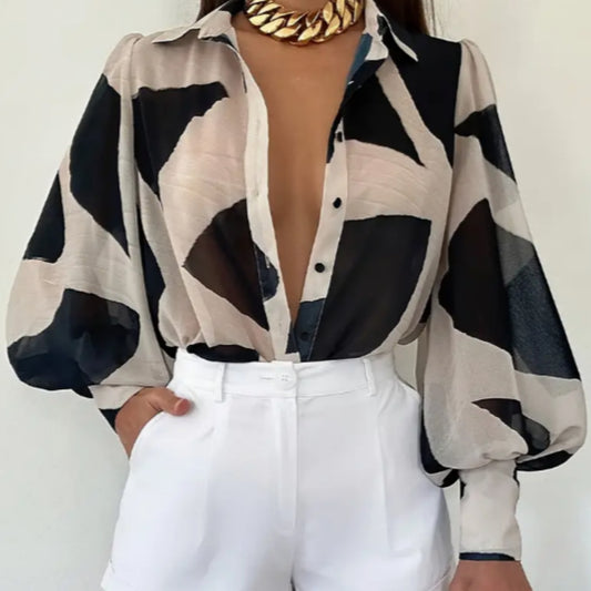 Abstract Pattern Printed Directional Shirt Long Sleeved