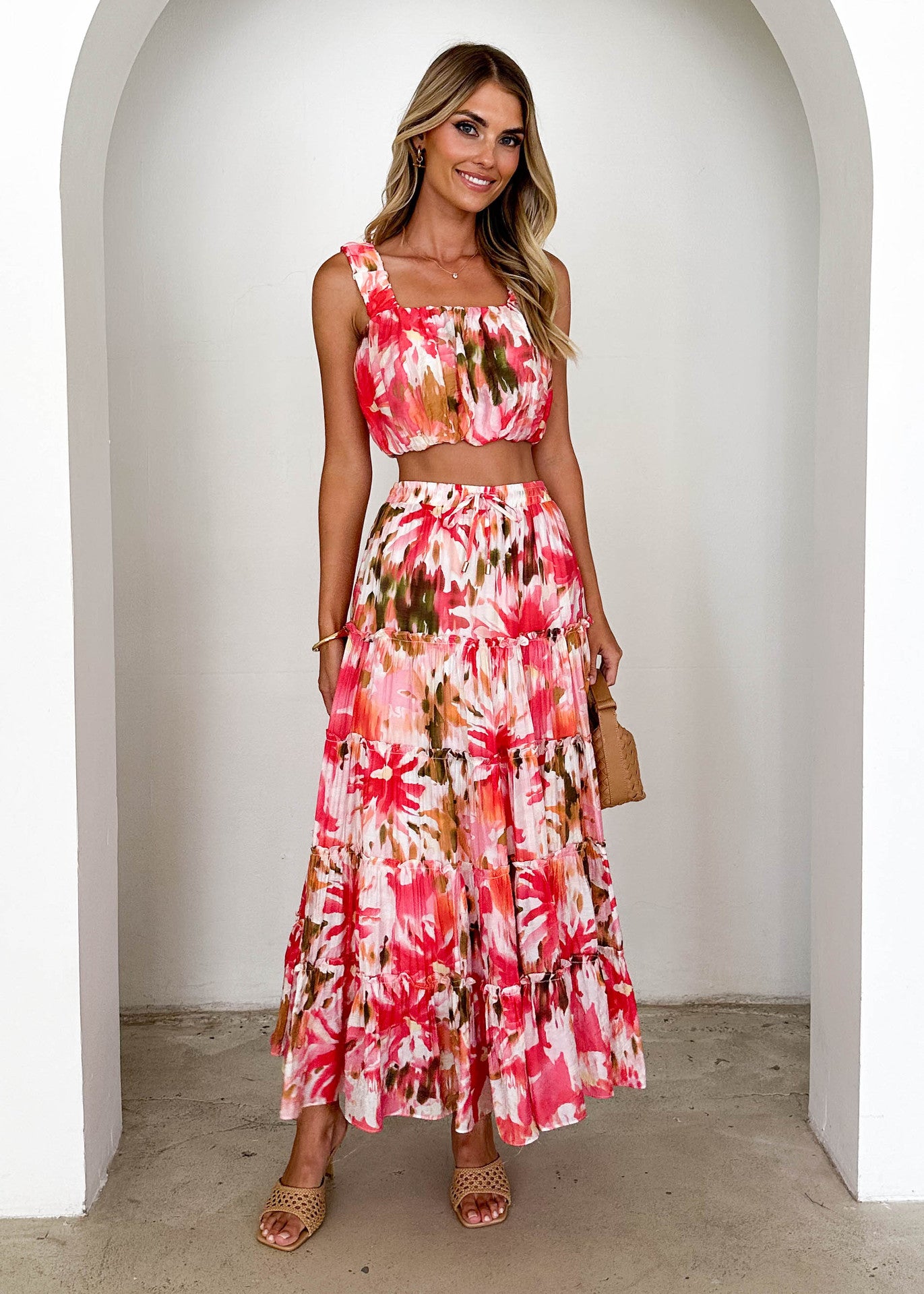 Women's Retro Sleeveless Short Wrap Bustier Printed High Waist Skirt Set