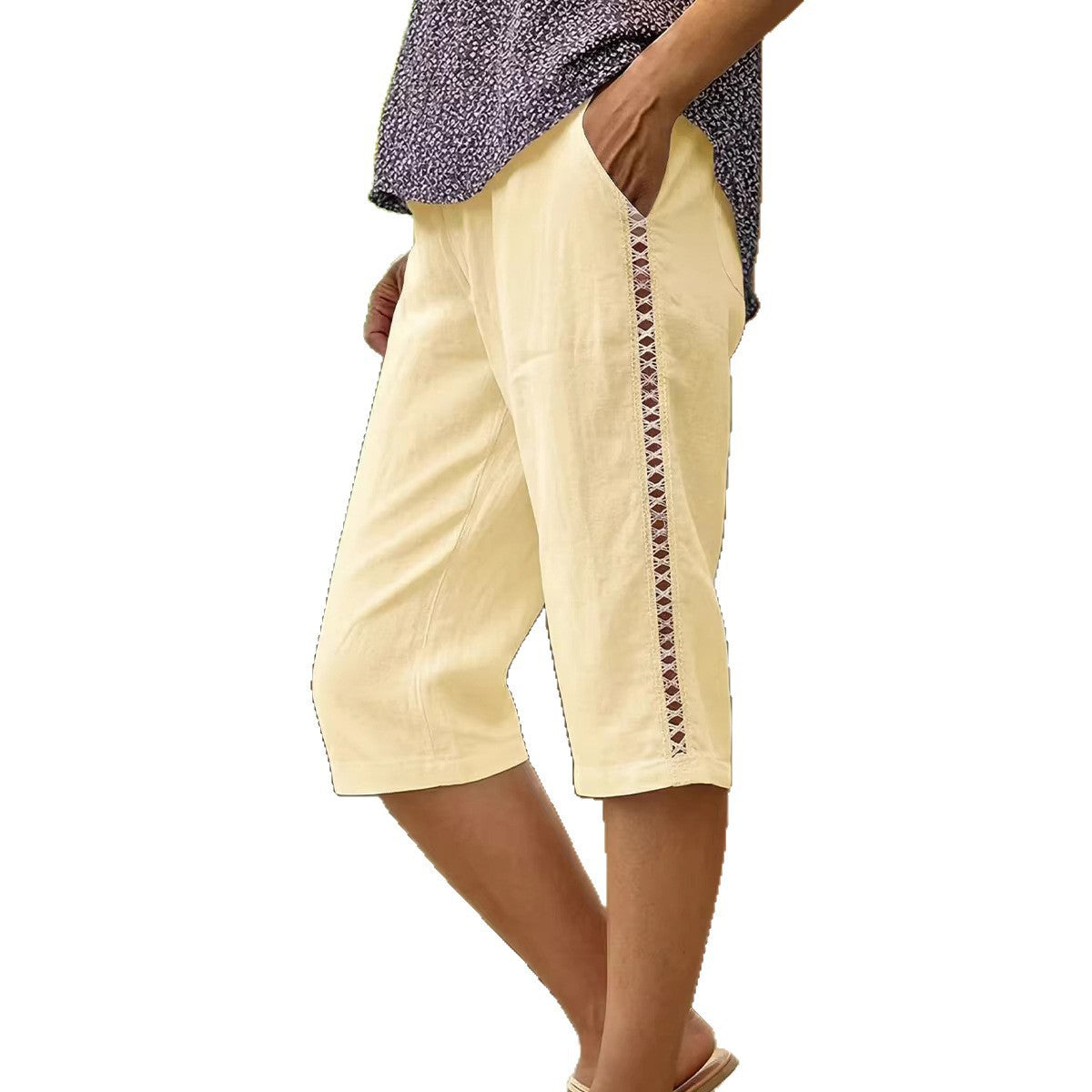Side-cutout Lace-panelled Straight Mid-length Pants