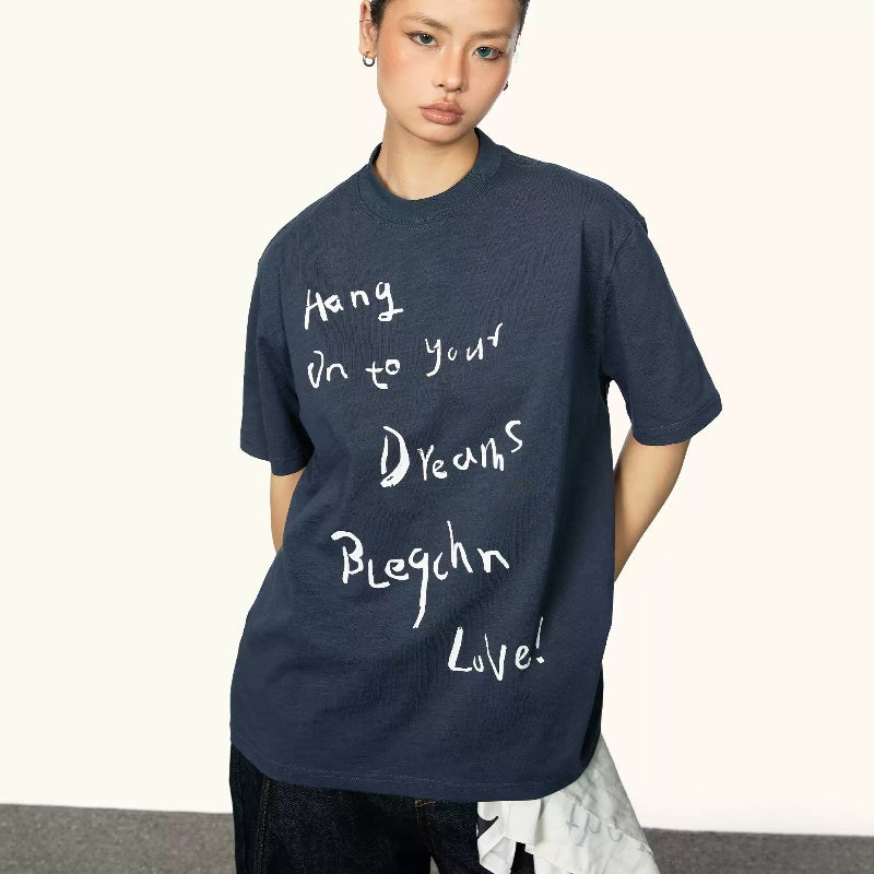 Cursive Script Letter Short Sleeve Round Neck T-shirt For Women Summer New