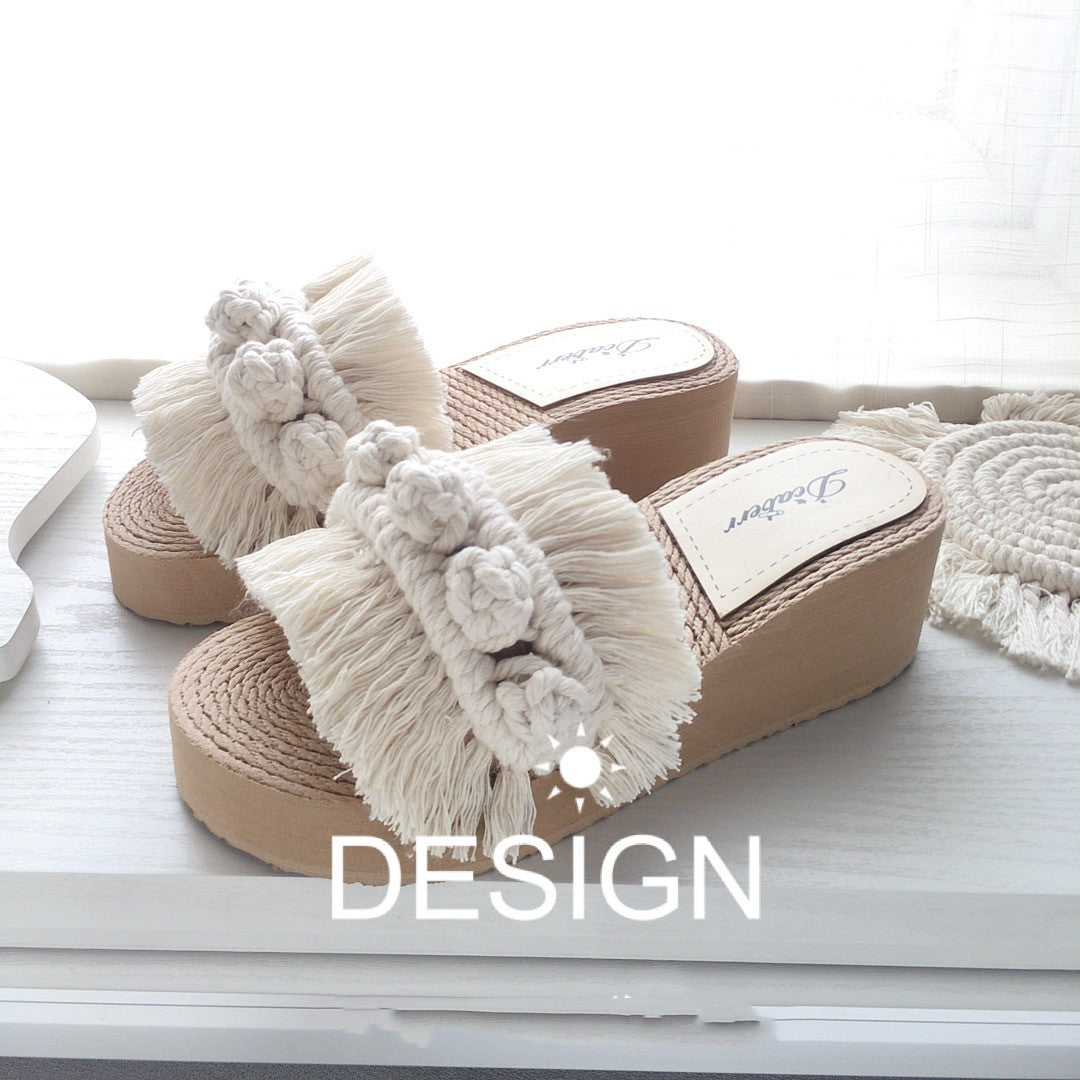 Hjemme- og ude-slippers med tyk sål i etnisk stil af bomuldsreb