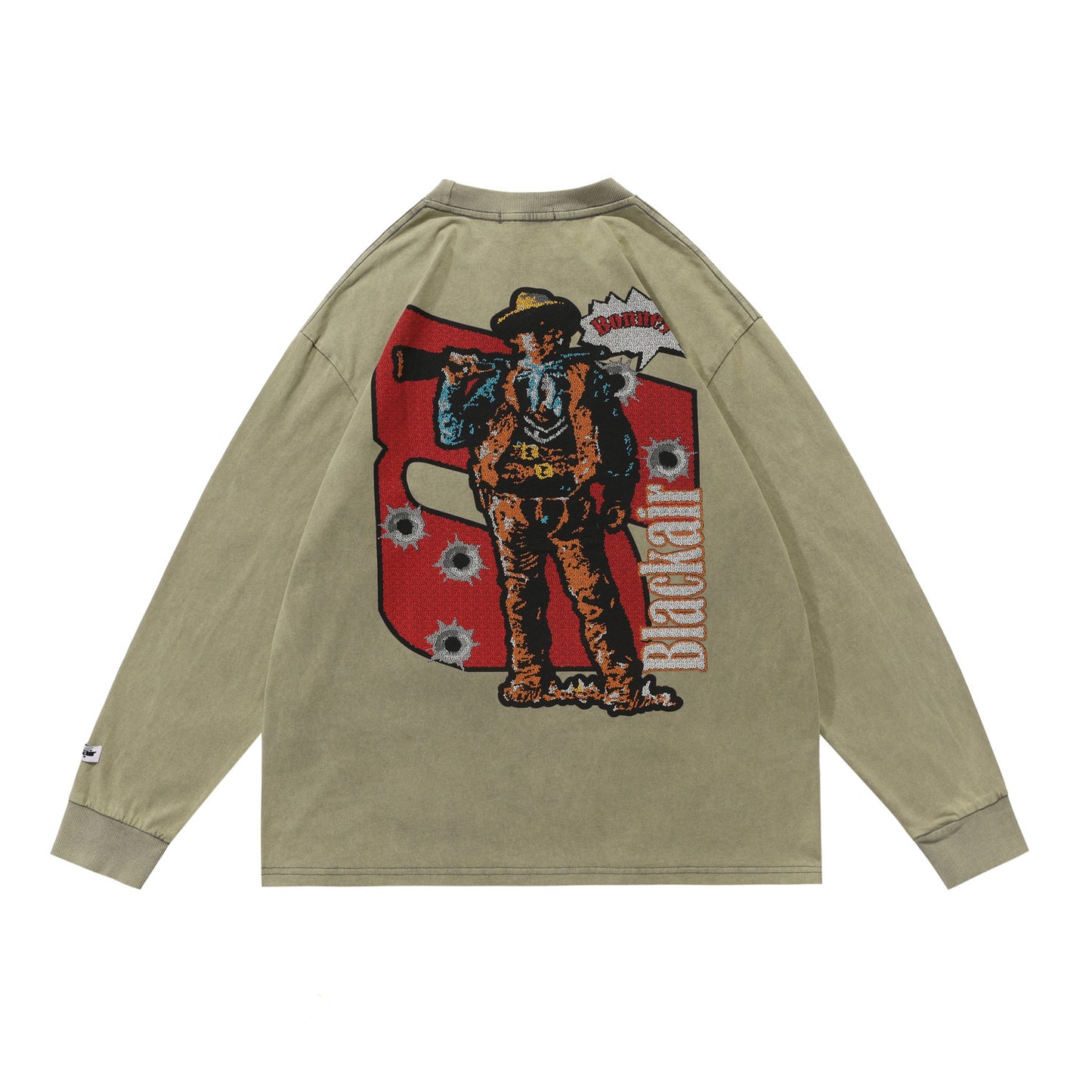 Denim Print Vasket Slidt Løs Langærmet T-Shirt