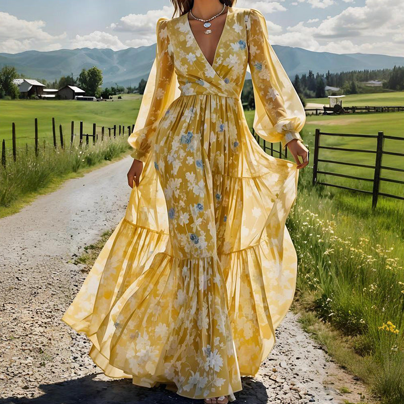 Summer New Print V-neck Long Dress