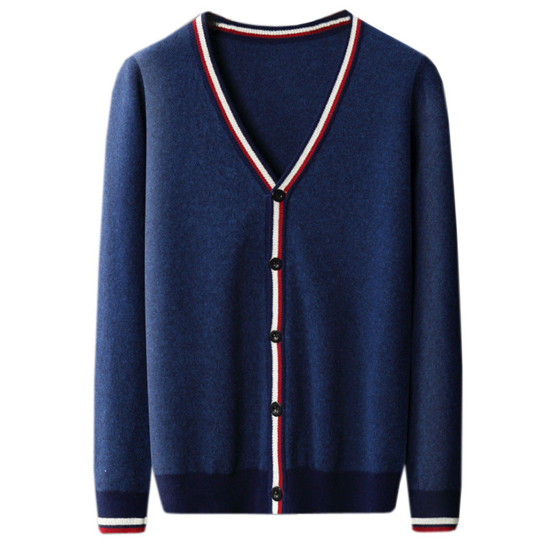 Medium Thick Color Stripes Color Contrast Short Long Sleeve Wool Cardigan