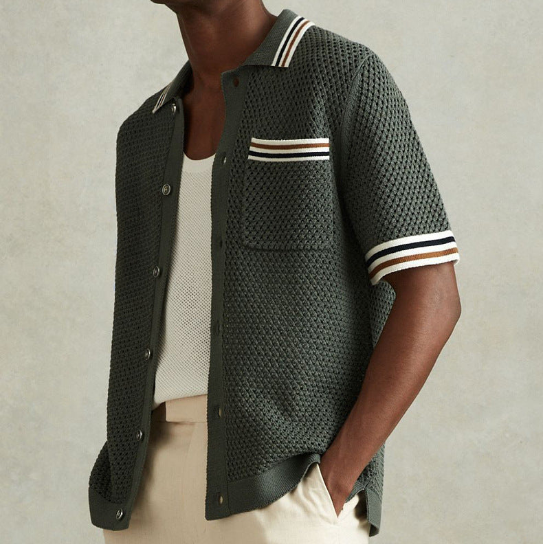 Strikket cardigan til mænd med hulmønster og revers – sommer