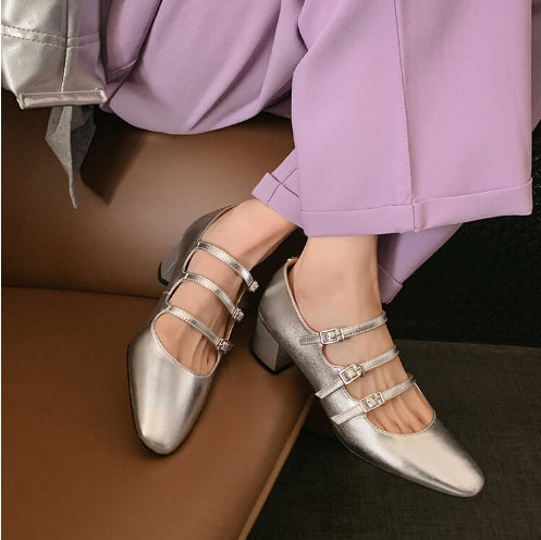 Women's Round Toe Buckle Thick Mid Heel Pumps Shoes