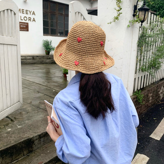 Women's Red Little Heart Braided Sunshade Straw Hat
