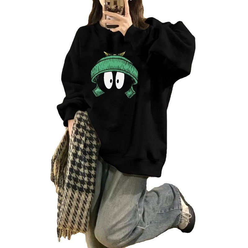 Autumn And Winter New Round Neck Loose Casual Fleece-lined Hoodless Sweater Women
