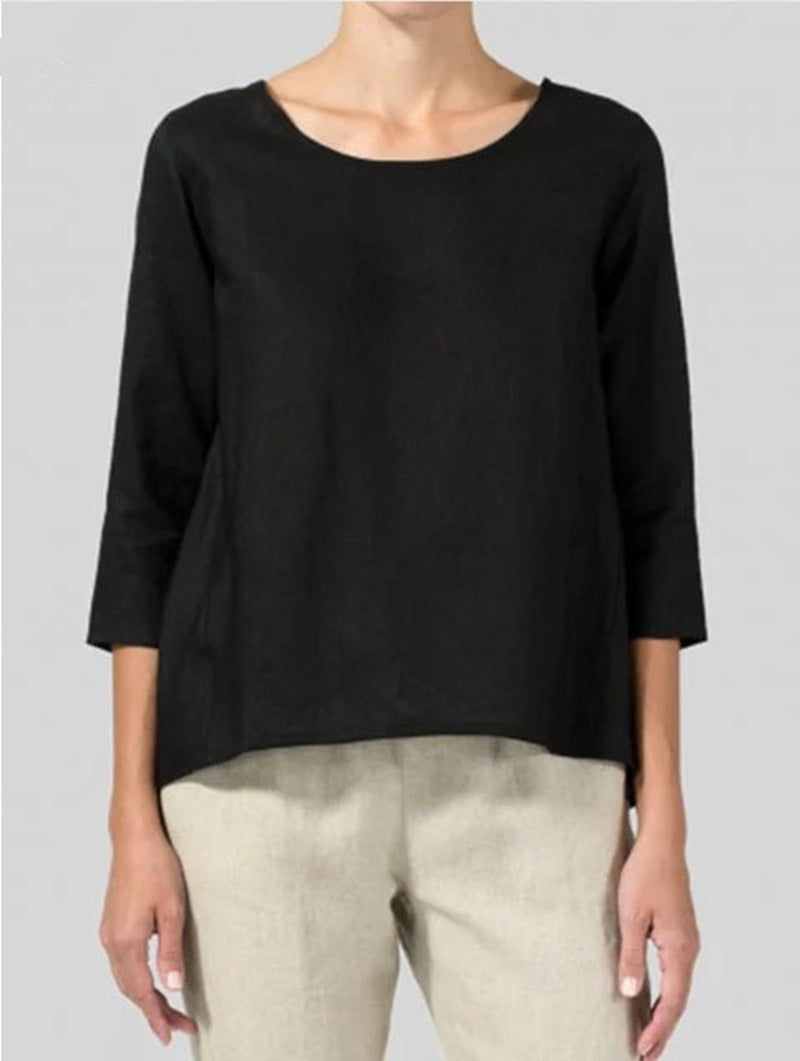 Cotton And Linen Plus Size Women's Clothing 34 Sleeve Casual Loose-fitting T-shirt