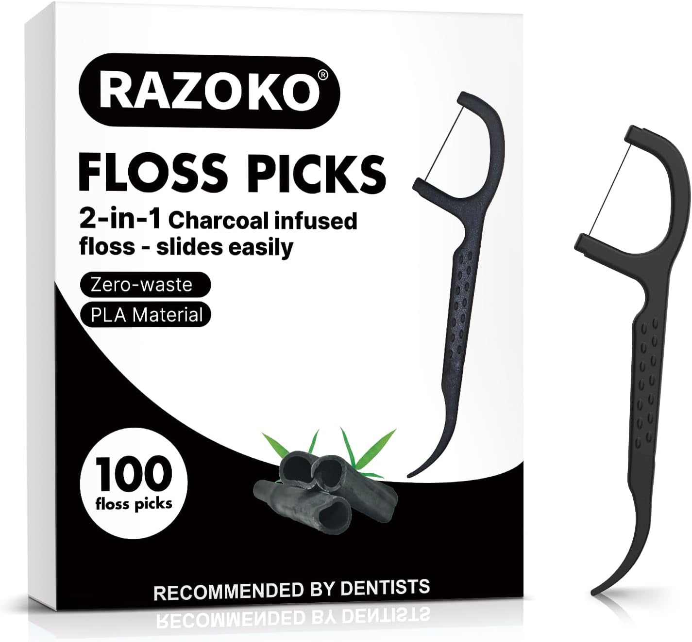 Natural Dental Floss Picks High Toughness Charcoal Toothpicks Sticks-Vegan,Eco-Friendly Sustainable Flossers for Teeth Cleaning (200 Count)