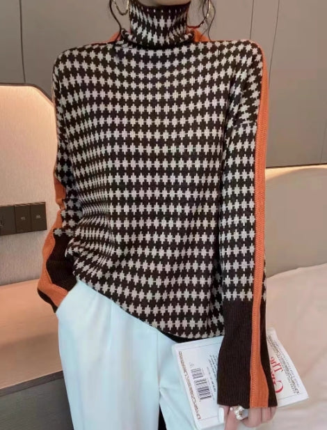 Plisseret Jacquard Turtleneck Sweater Languid Basis Striktrøje Til Kvinder