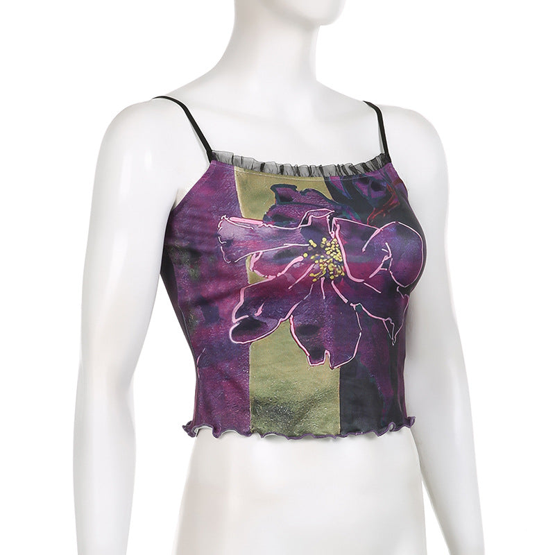 Vintage Printed Suspender With Lace Underneath Tank Top