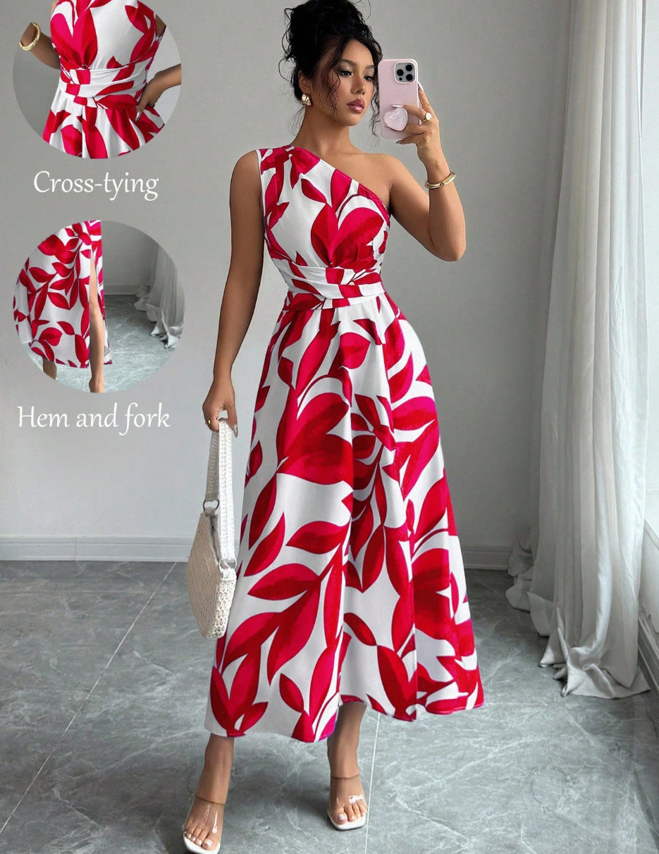 Womens Printed Off-the-Shoulder Slit Dress