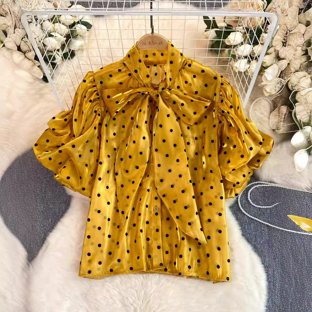 French Style Retro Dots Shirt Female Sweet Bow Collar