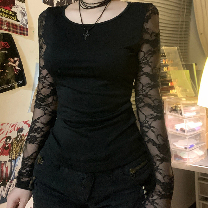 European And American Style Lace Stitching Sexy See-through Backless Short Top Round Neck Slim Fit Versatile Slimming