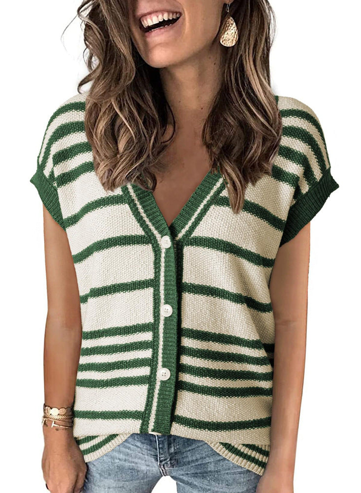 Striped Color Contrast Short Top T-shirt Women's Thin