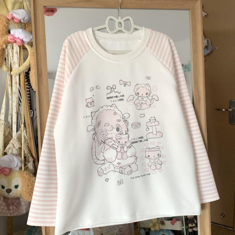 Sweet Girl Kitten  Striped Round Neck Fleece-lined Sweater