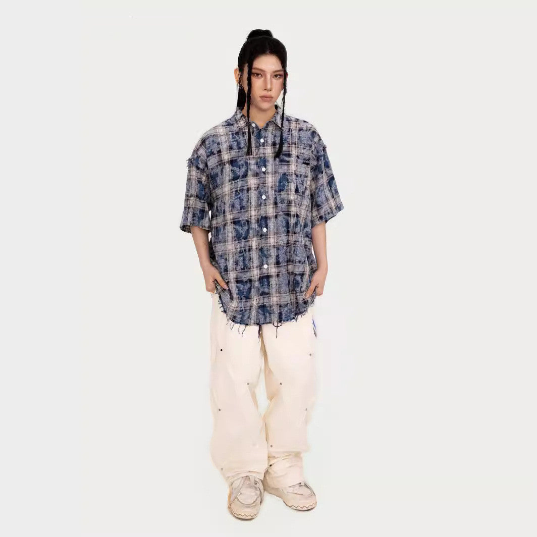 American Tie-dye Short Sleeve Plaid Shirt Design Sense