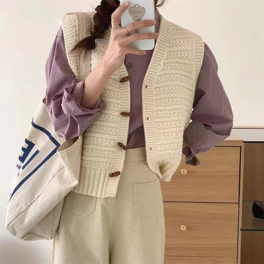 College Style Knitted Cardigan Vest Solid Color Wooden Buckle Bandage Dress