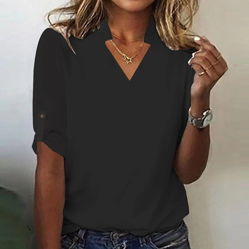 Women's Solid Color V-neck 34 Sleeve Shirt