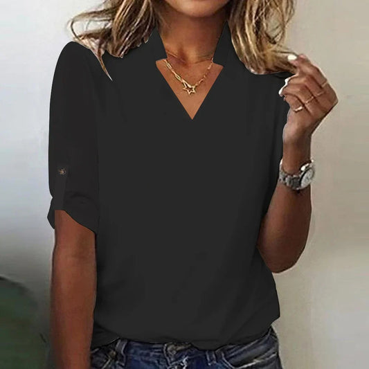 Women's Solid Color V-neck 34 Sleeve Shirt