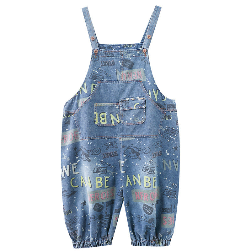 Fashion Printed Denim Strap Pants
