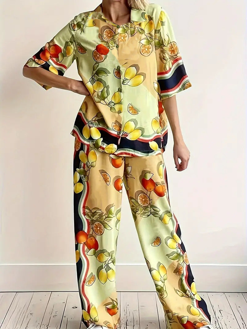 Casual Plant-patterned Short-sleeve Set