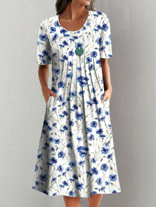 Spring And Summer Women's Elegant Large Swing Round Neck Printed Short Sleeve Dress