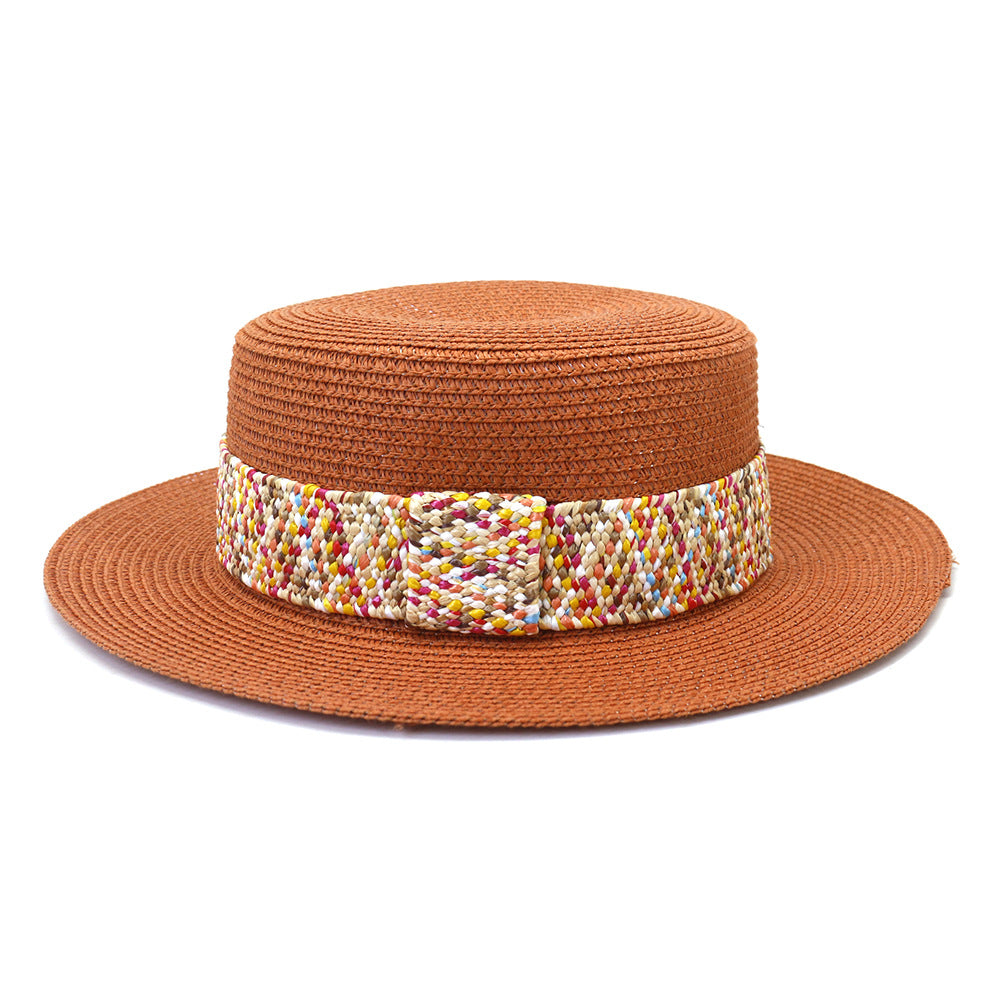 Color Flat Top Straw Hat Outdoor Travel Sunscreen