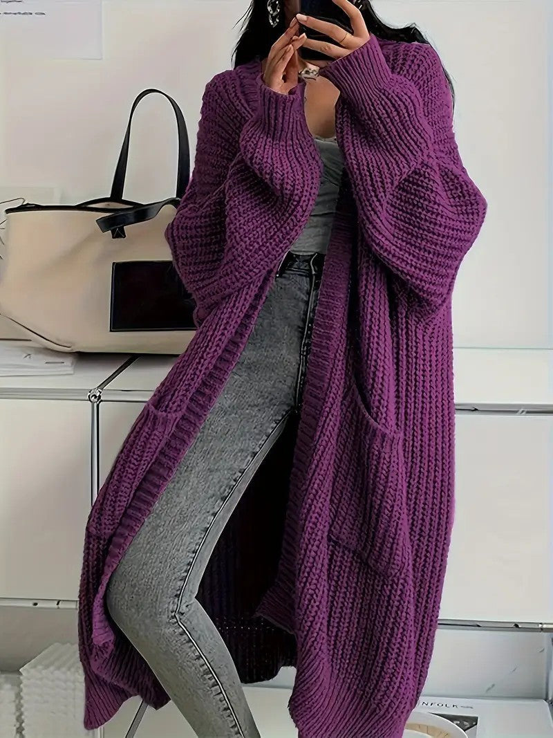 Knitted Long Cardigan With Pockets Fashion All-match Lantern-sleeved Coat