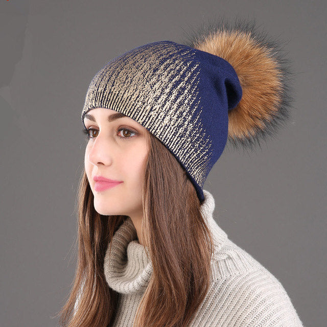 Warm Wool Knitted Hat Women's Hot Gold And Silver Color Women