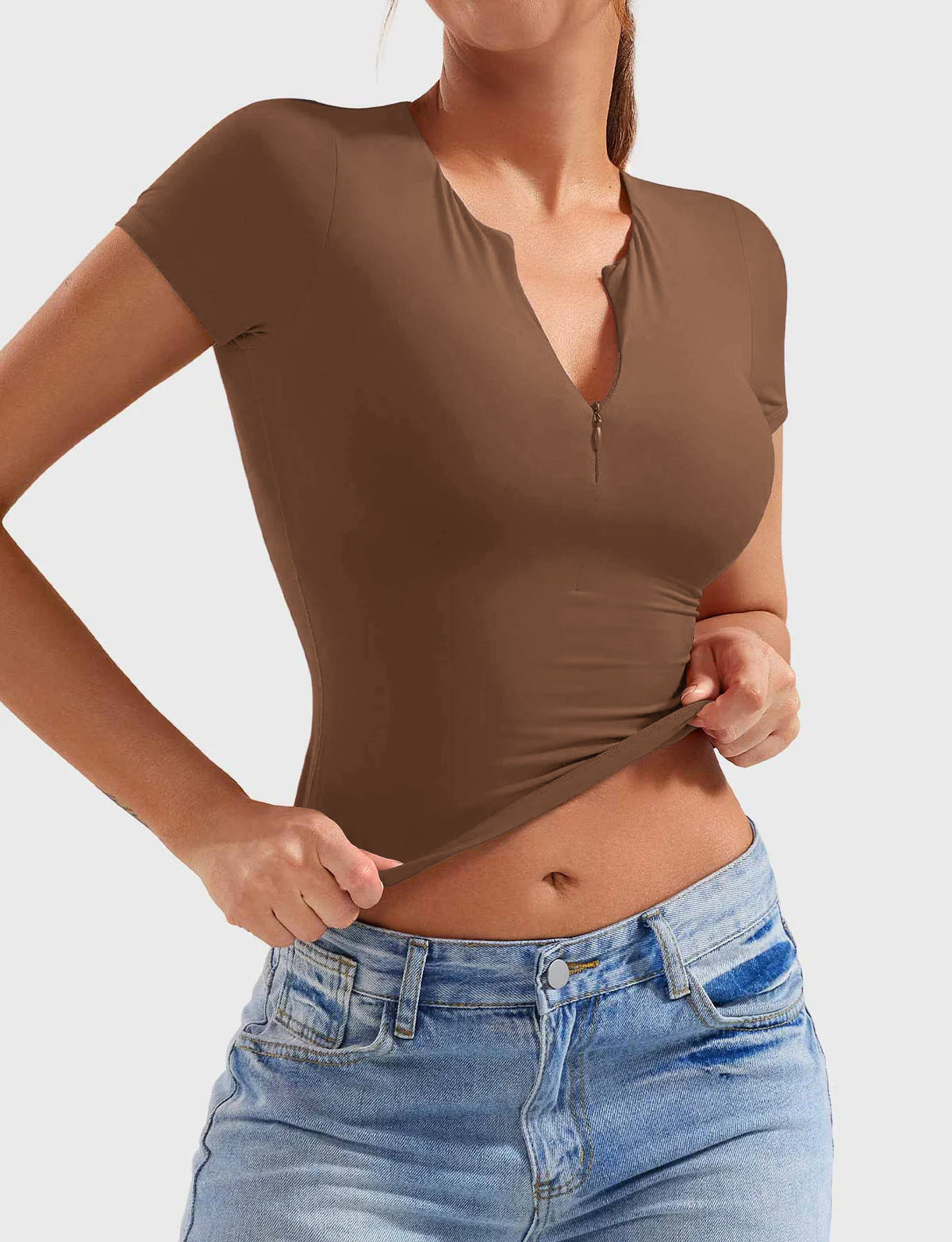 Slim Fit Moderne Yoga Kortærmet Halvlynlås Top