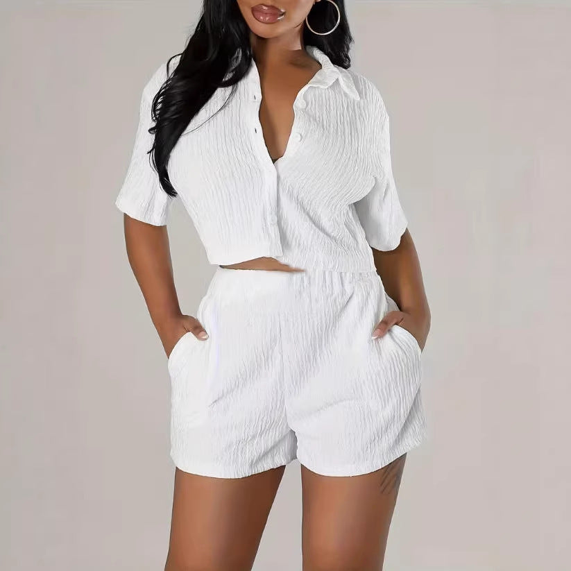 Fashionable Casual Short-Sleeve Shirt Set Single-Breasted Solid Color Pleated Two-Piece Suit