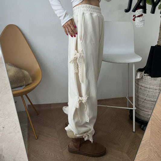 All-matching Elastic Waistband Side Lace Casual Fleece-lined Sweater Pants