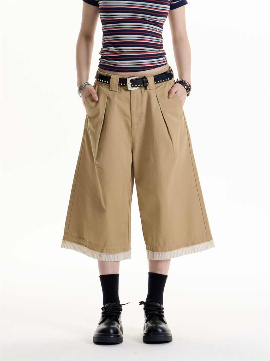 American Retro Hot Girl Patchwork Stripes Pleated Casual Shorts