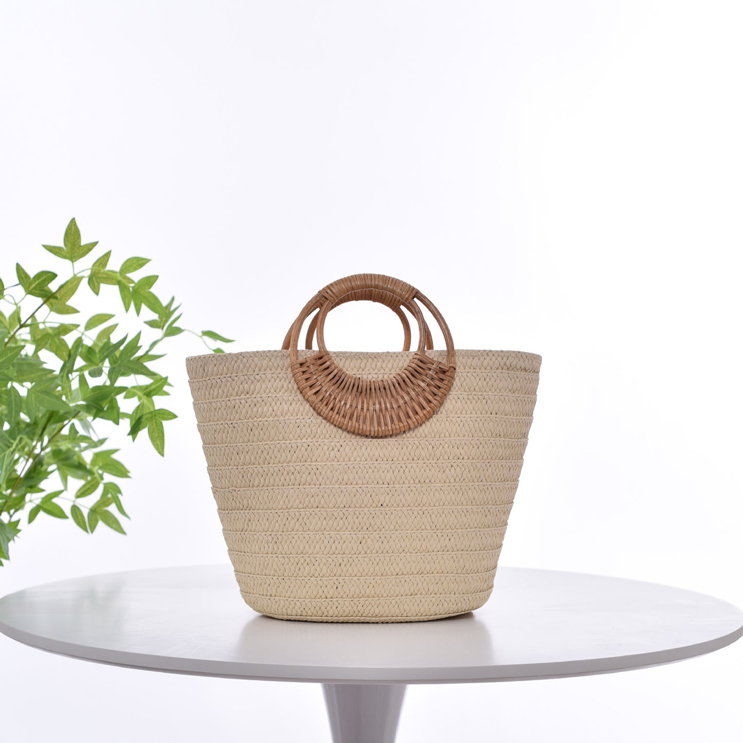 Simple Straw Weave Womens Large-Capacity Round-Handle Tote Bag