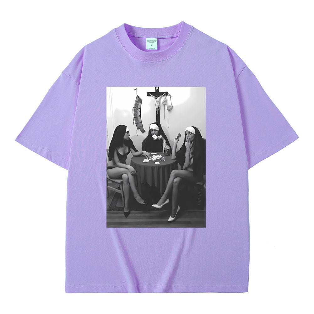 Nuns Naked Playing Card Smoking Drinking Funny Meme T-Shirt