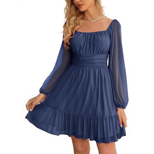 European And American Womens Mesh Long-Sleeve Square-Neck Dress