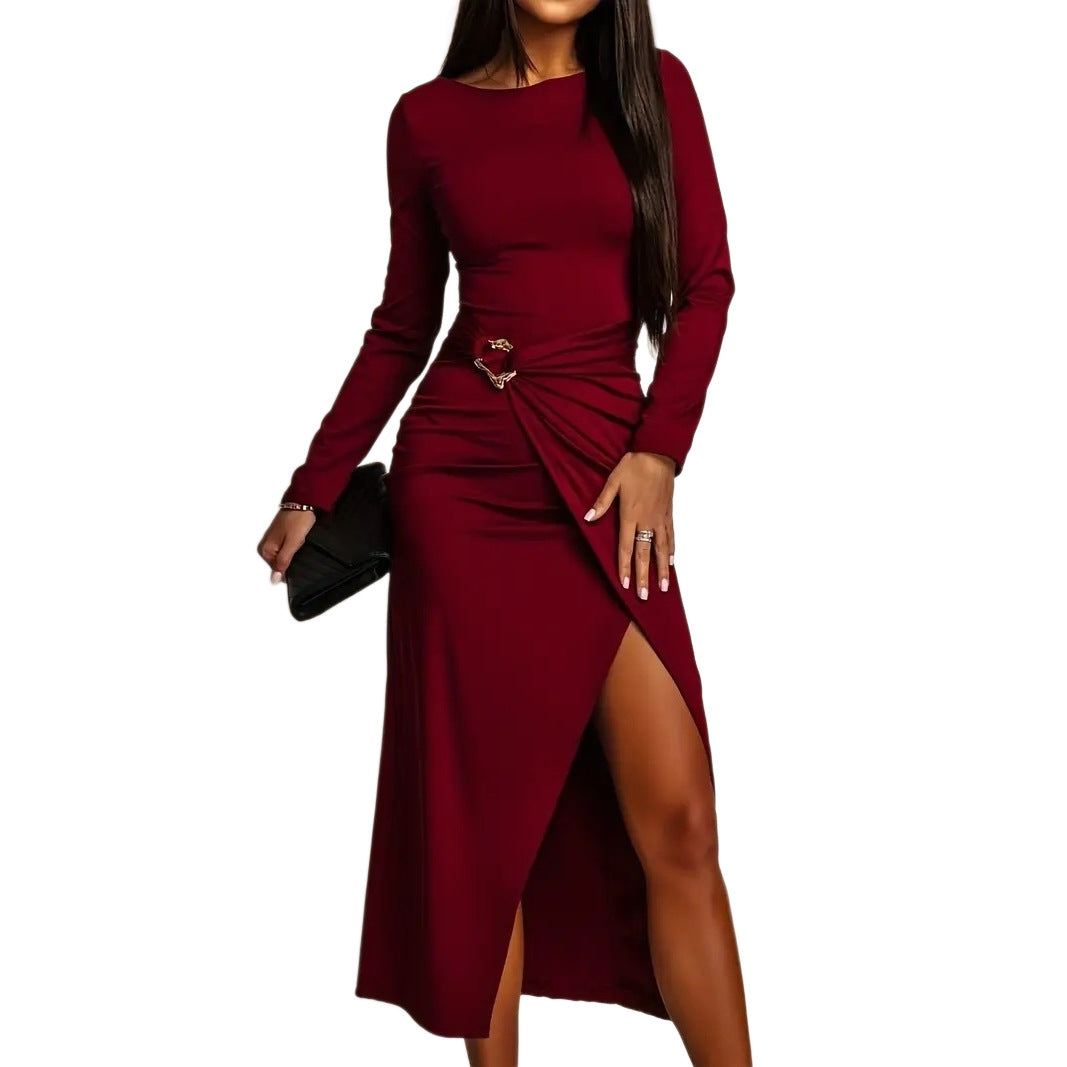 Retro Bodycon Dress With Waist Pleats And Metal Accents