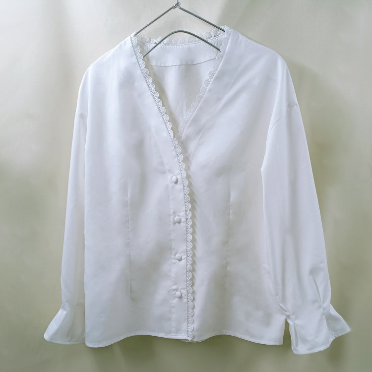 Rose Fiber Comes With Flower Fragrance High-end Design V-neck Lace White Shirt