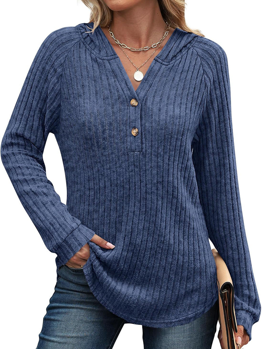 Solid Color And V-neck Button Loose Hooded Fleece Knitted Top