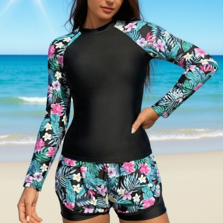 Conservative Long-sleeve Digital-print Colorblock Swimsuit