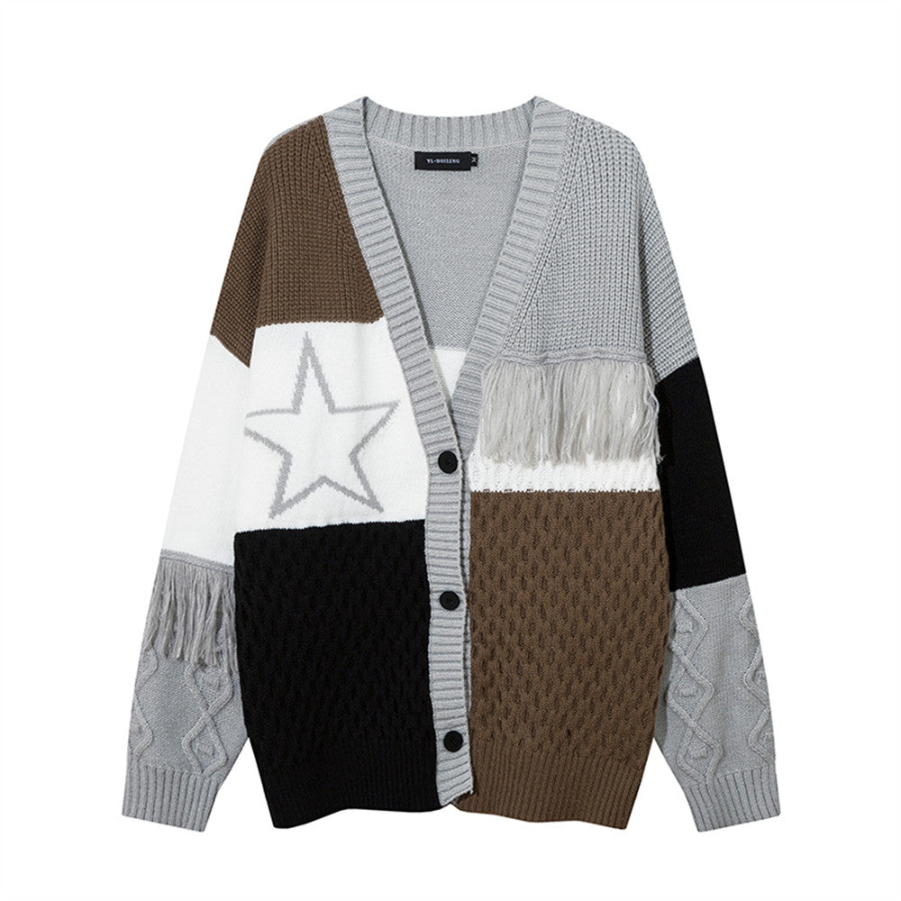 Contrast Color Tassel V-neck Knitted Cardigan Men's Coat