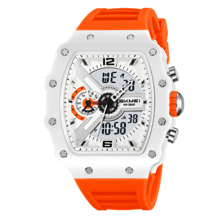 Multifunctional Mens Watch With Dual Displays Featuring A Stylish Barrel-shaped Case
