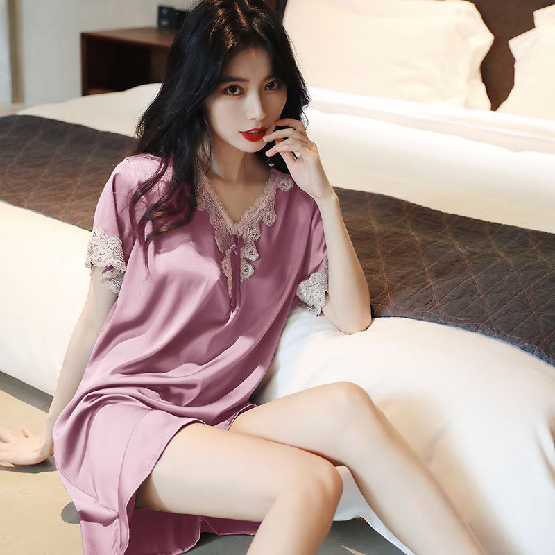 Womens Summer Ice Silk Loose Plus-Size Nightdress