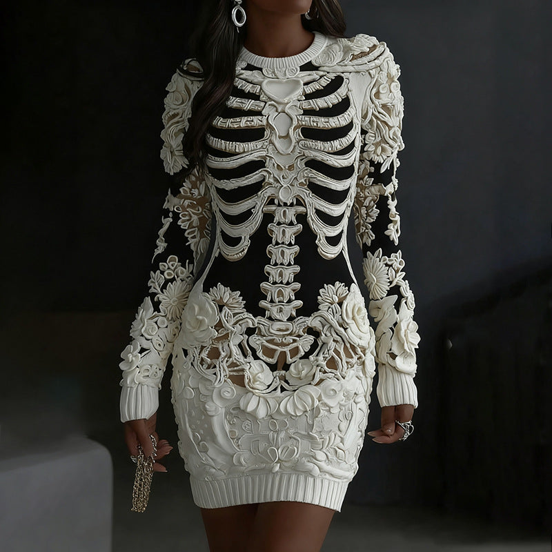 Halloween Street-style 3D Digital-print Skeleton Bodycon Skirt And Sweater Set For Europe And The US