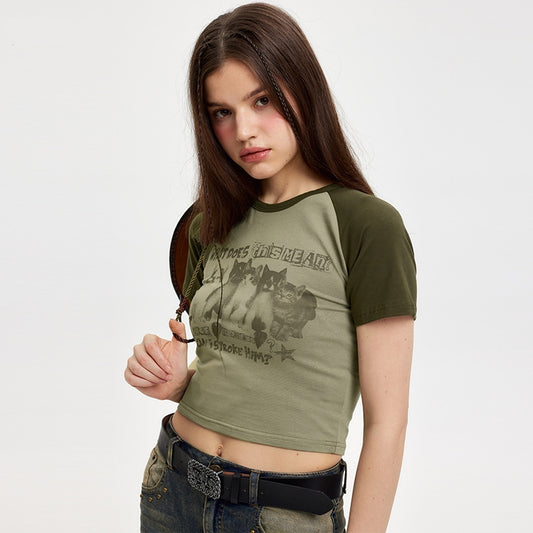 Tofarvet raglanærmer amerikansk retro rund hals kort T-shirt