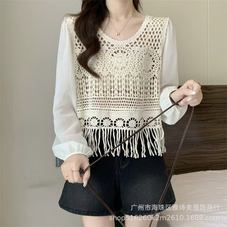 Women's Tassel Age-reducing Chiffon Patchwork Lace V-neck Shirt