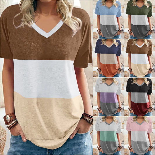 Women's Color Matching V-neck Casual Loose Short Sleeves