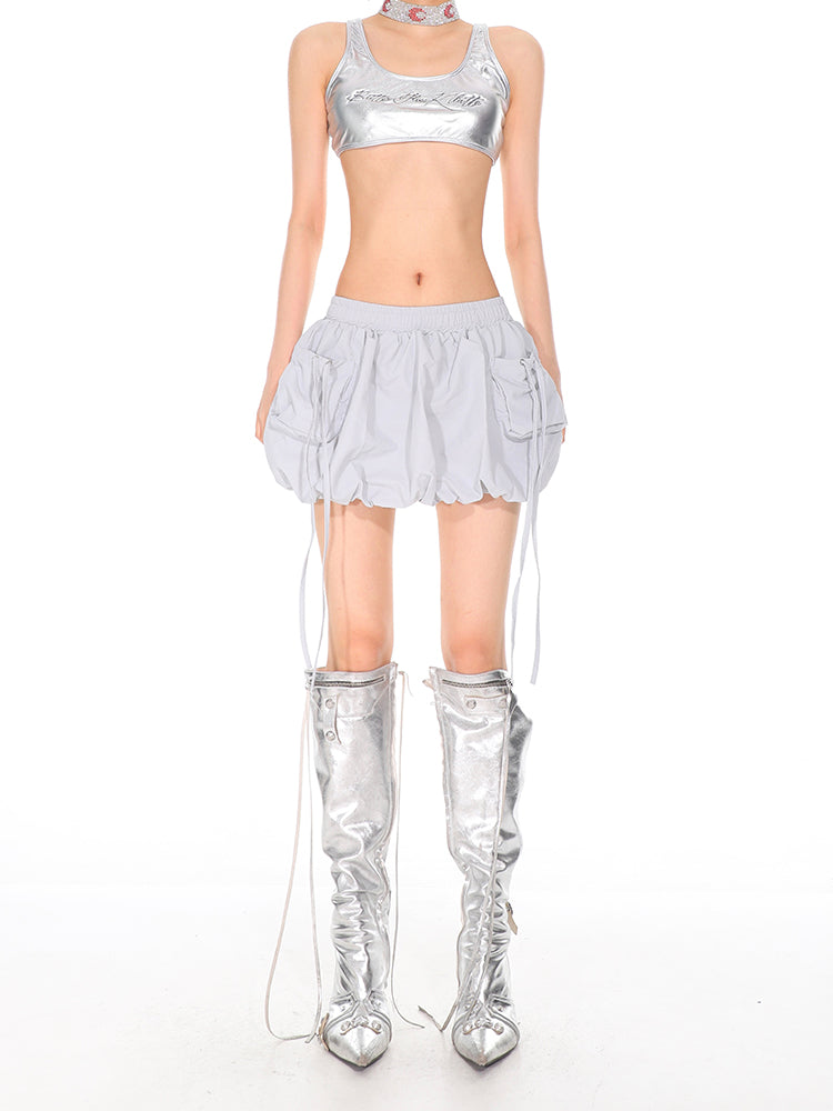 Elastic Drawstring Skirt Women's Overalls Pocket Skirt